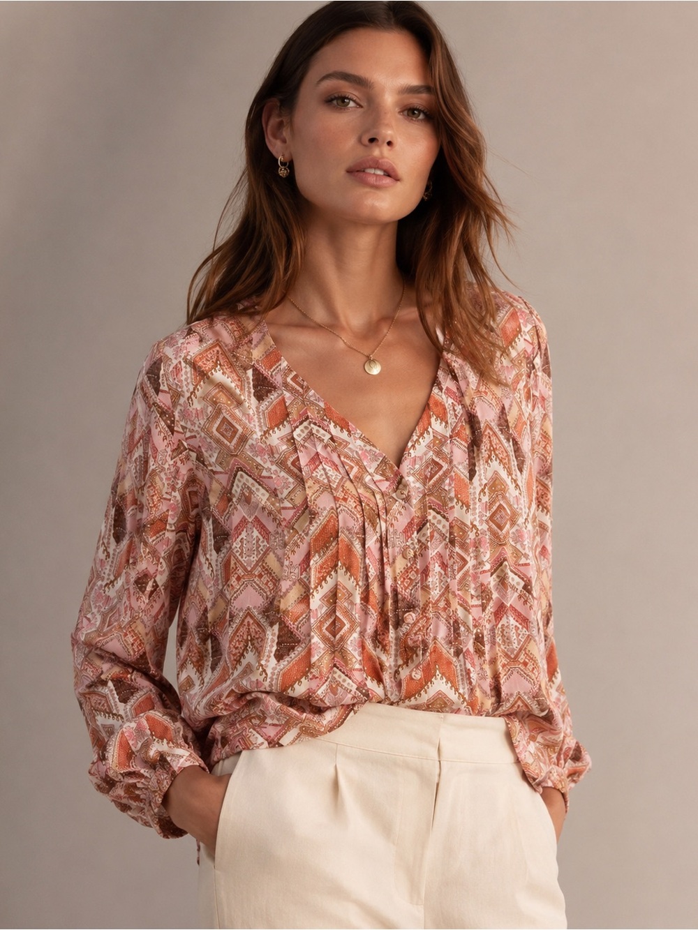JJill XL Boho Geometric Print Blouse Pink Brown V-Neck Long Sleeve tribal Resort